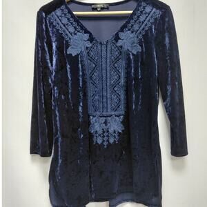 Andree by Unit Embroidered Velvet Top Blue Solid 3/4 Sleeve Women Size S